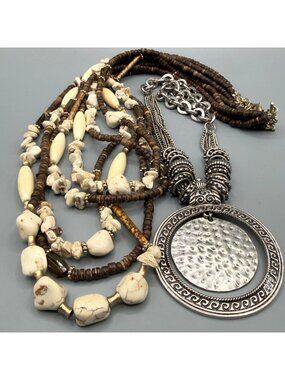 Chicos Boho Statement Necklaces Multi Strand Bead Hammered SilverTone Medallion
